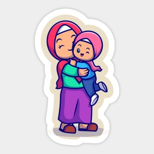 Cute Mother And Daughter Moslem Celebrating Eid Mubarak  Cartoon Sticker